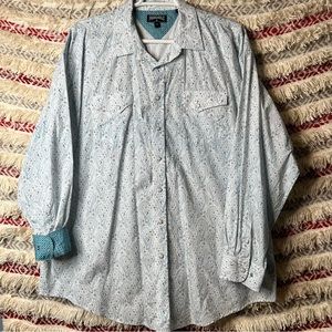 Panhandle Pearl Snap White & Blue Paisley Dress Shirt Size XXL